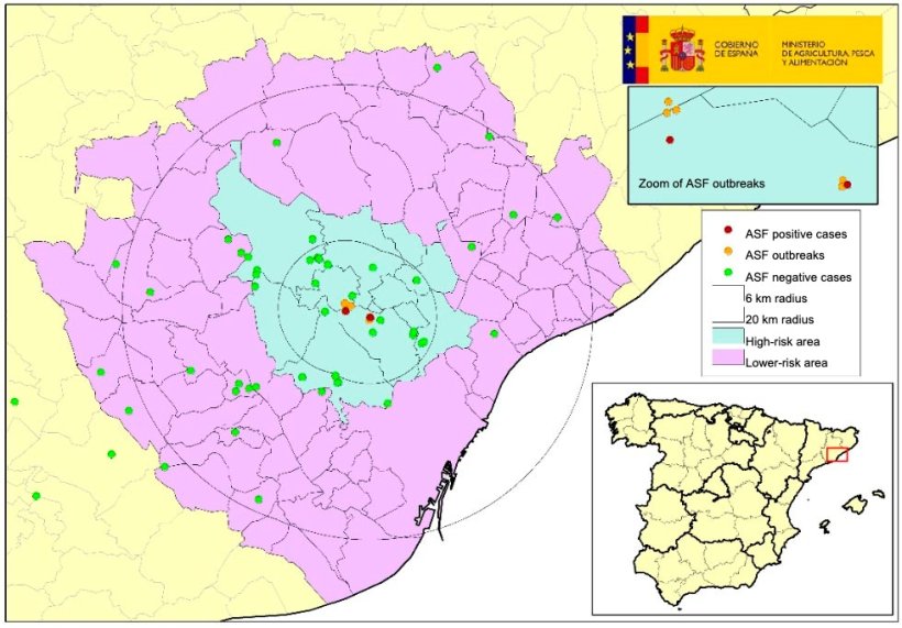Location of the seven outbreaks in wild boars and dead boars found negative in Catalonia (Source: MAPA).